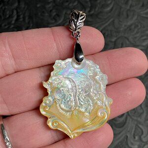 Lion and Lioness Carved Mother of Pearl White Jade Pendant